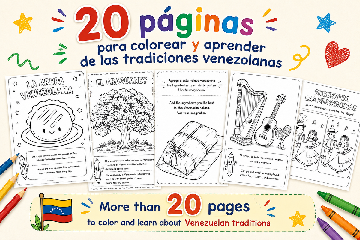 Colorea Venezuela - Tradiciones para pequeños venezolanos - Libro digital bilingüe para colorear.