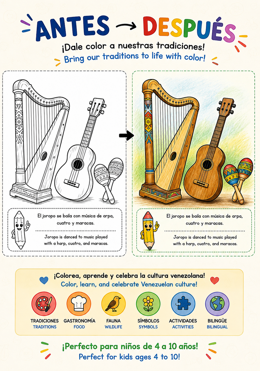 Colorea Venezuela - Tradiciones para pequeños venezolanos - Libro digital bilingüe para colorear.