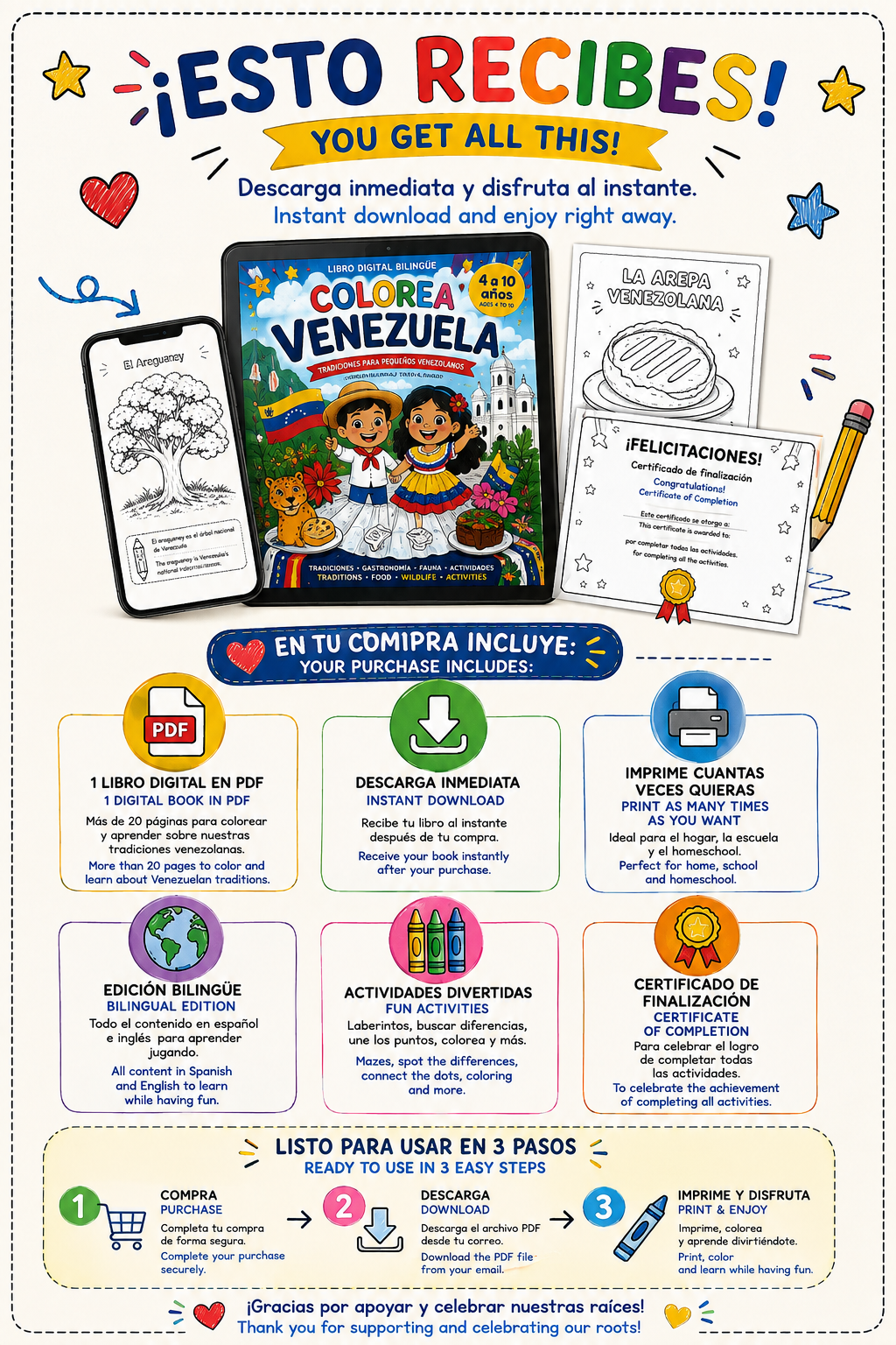 Colorea Venezuela - Tradiciones para pequeños venezolanos - Libro digital bilingüe para colorear.